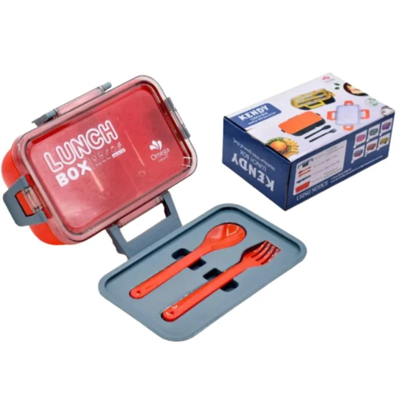 Kendy Lunch Box with Spoon & Fork  | 2-Compartment Portable Tiffin Box for School | Random Colors