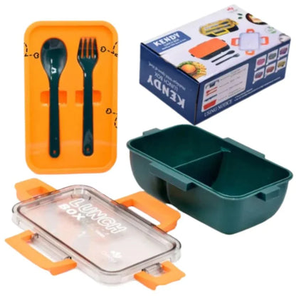 Kendy Lunch Box with Spoon & Fork  | 2-Compartment Portable Tiffin Box for School | Random Colors