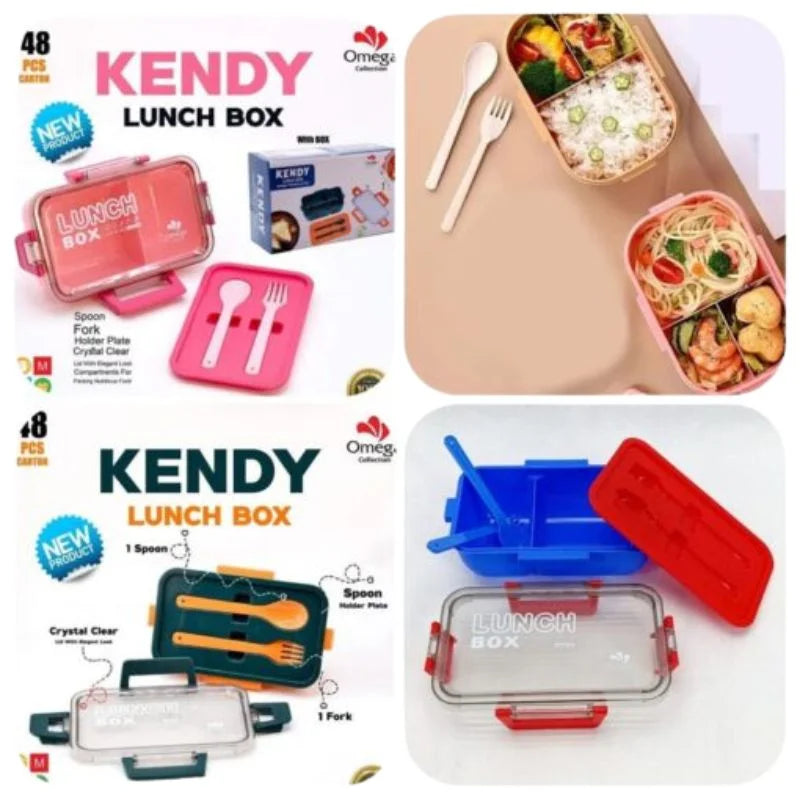 Kendy Lunch Box with Spoon & Fork  | 2-Compartment Portable Tiffin Box for School | Random Colors